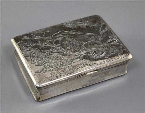 A late 19th century Chinese Export silver rectangular box by Tien Shing, Hong Kong, 8 oz.